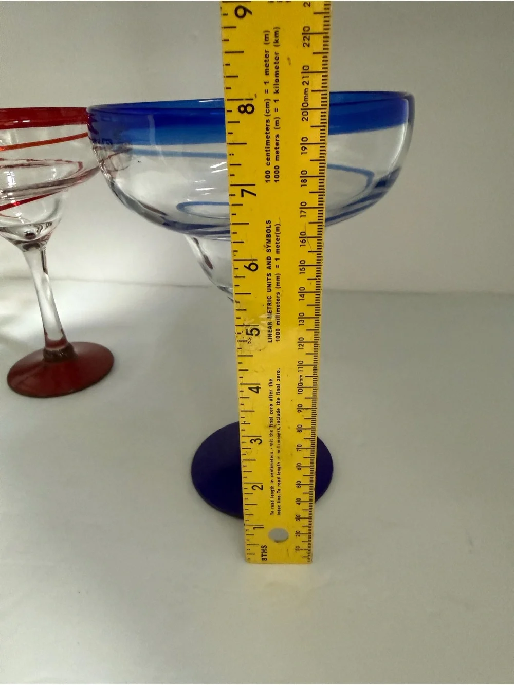 Set of 2 Hand Blowing Large Margarita Glasses with Blue & Red Accents